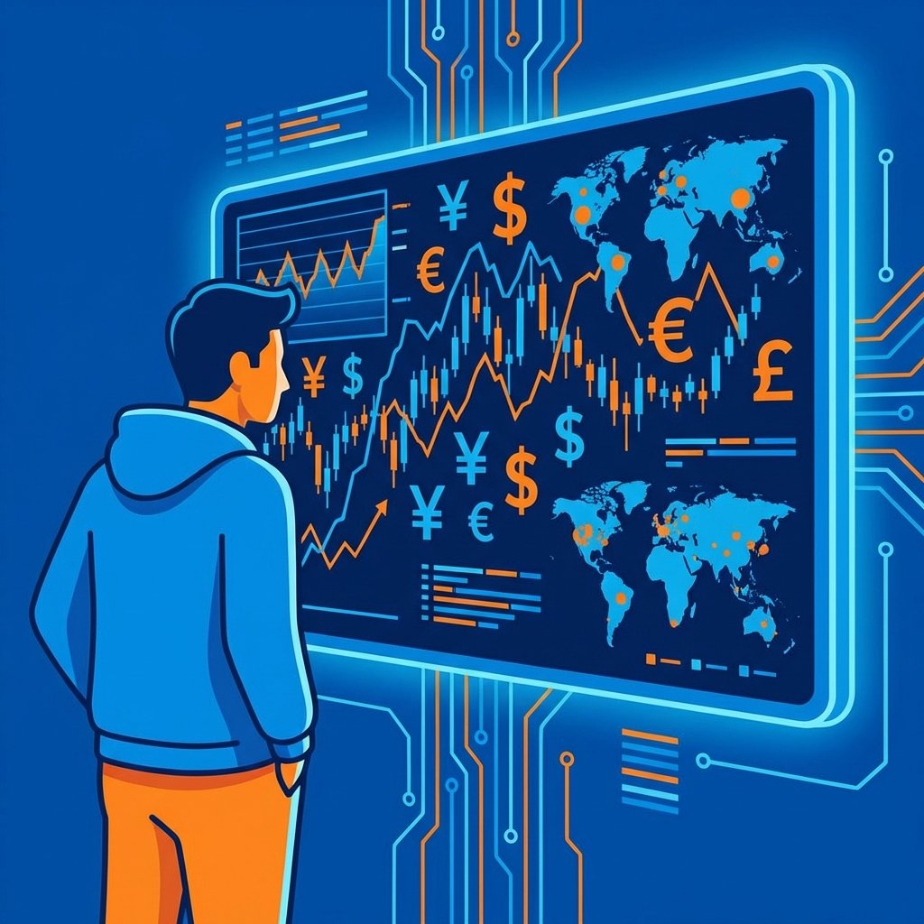 A clean infographic-style illustration of a person looking at a complex digital screen showing fluctuating currency symbols and world maps, high contrast blue and orange tones, 1:1