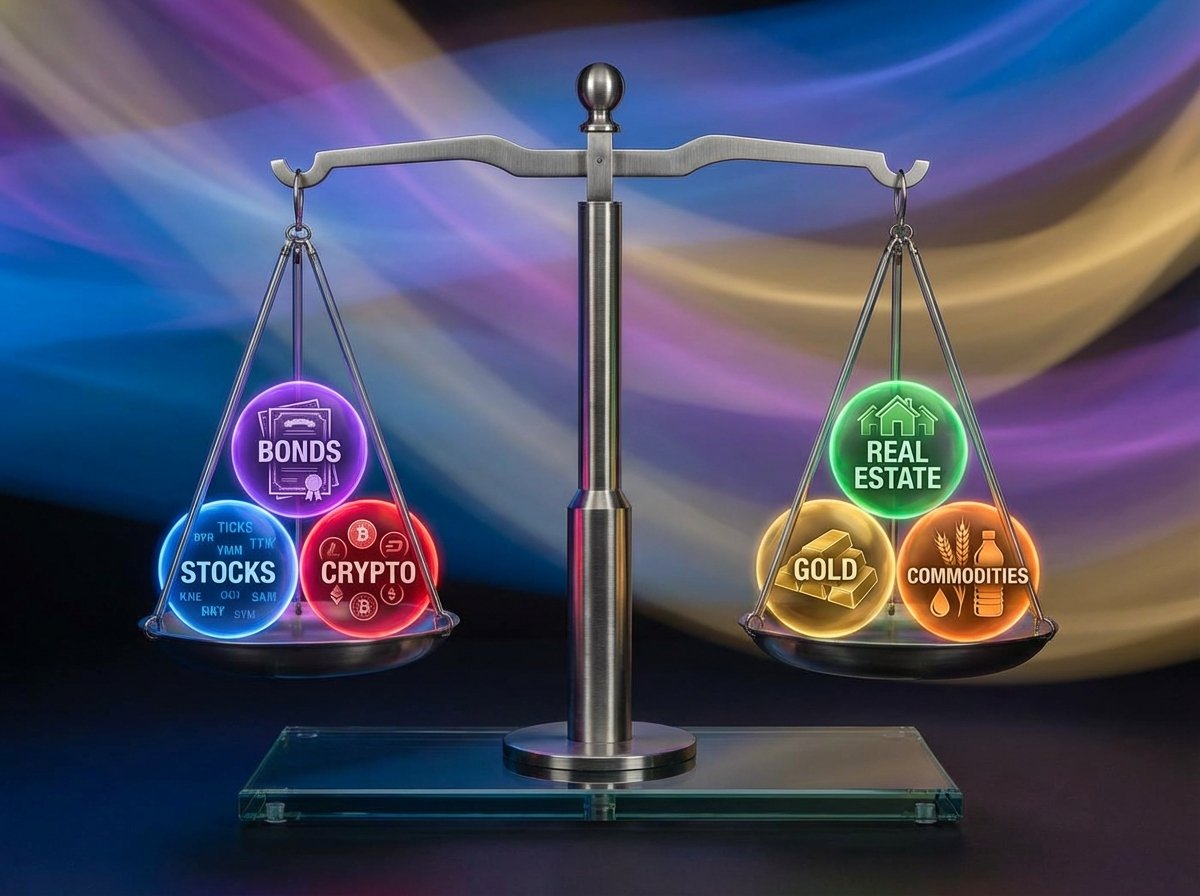 A modern artistic rendering of a balanced scale with different colored glowing orbs representing diverse investments like stocks gold and bonds, soft gradient background, 4:3