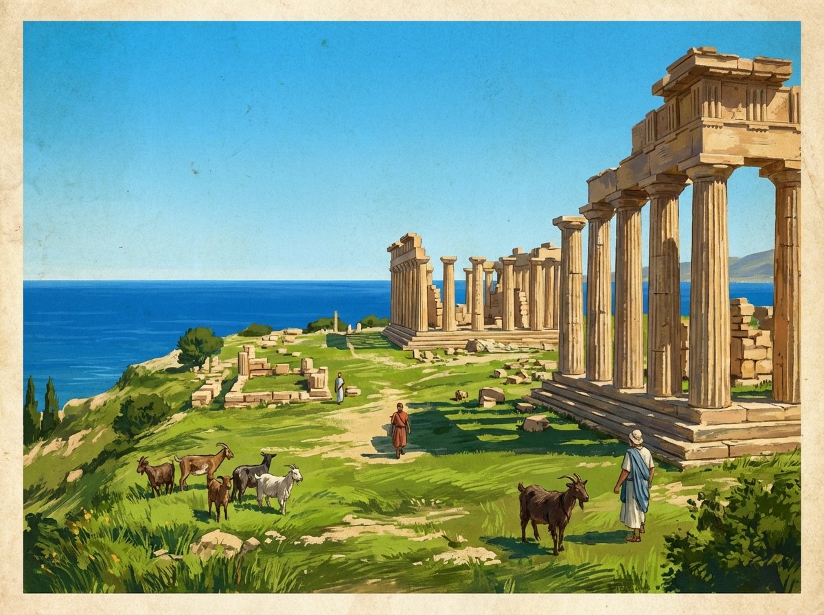 A wide-angle landscape of the ancient ruins of Cyrene in Libya, featuring tall Doric columns of Greek temples situated on a lush green hill overlooking the blue Mediterranean Sea under a clear bright sky, historical site illustration with artistic rendering and textured background, 4:3 aspect ratio, no text.
