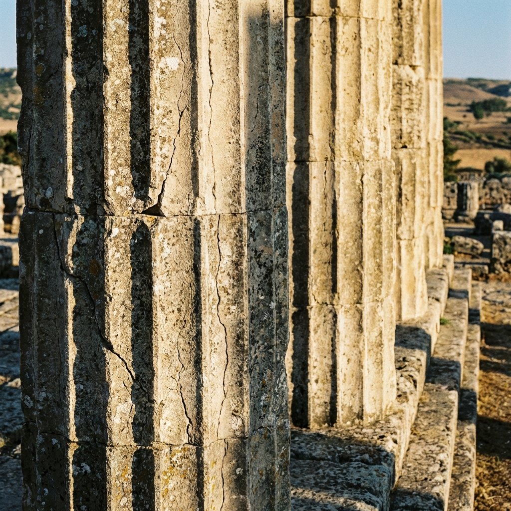A close-up view of ancient Greek Doric columns at the Temple of Apollo in Cyrene, weathered stones with intricate textures, bright sunlight hitting the columns, realistic lifestyle photography, 1:1 aspect ratio, no text.