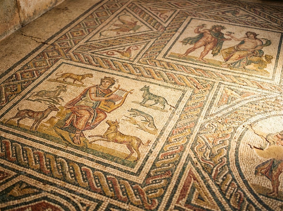Detailed close-up of an ancient Roman floor mosaic found in Cyrene, showing intricate geometric patterns and mythological figures, natural warm lighting, historical artistic rendering, 4:3 aspect ratio, no text.