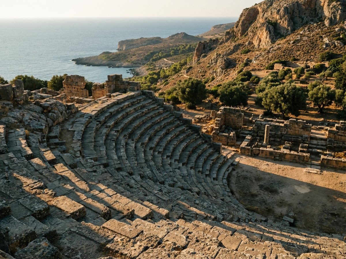 A detailed view of the ancient Greek theater in Cyrene carved into the hillside, stone seating rows looking down towards the Mediterranean Sea, sunset lighting creating long shadows, high contrast cinematic view, 4:3 aspect ratio, no text.