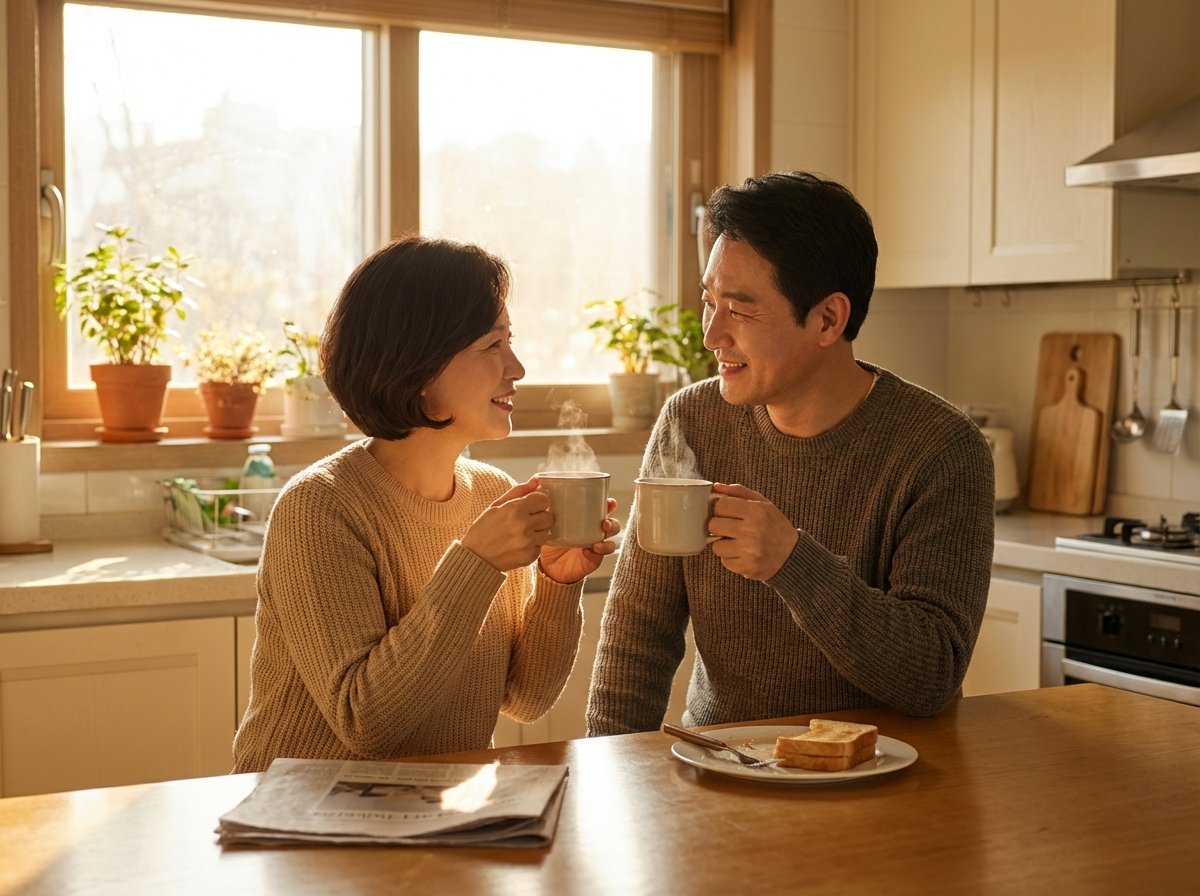 A happy Korean couple sitting together in a sunlit kitchen in the morning, holding coffee mugs, making warm eye contact, cozy and peaceful atmosphere, soft morning light, lifestyle photography, high quality, 4:3