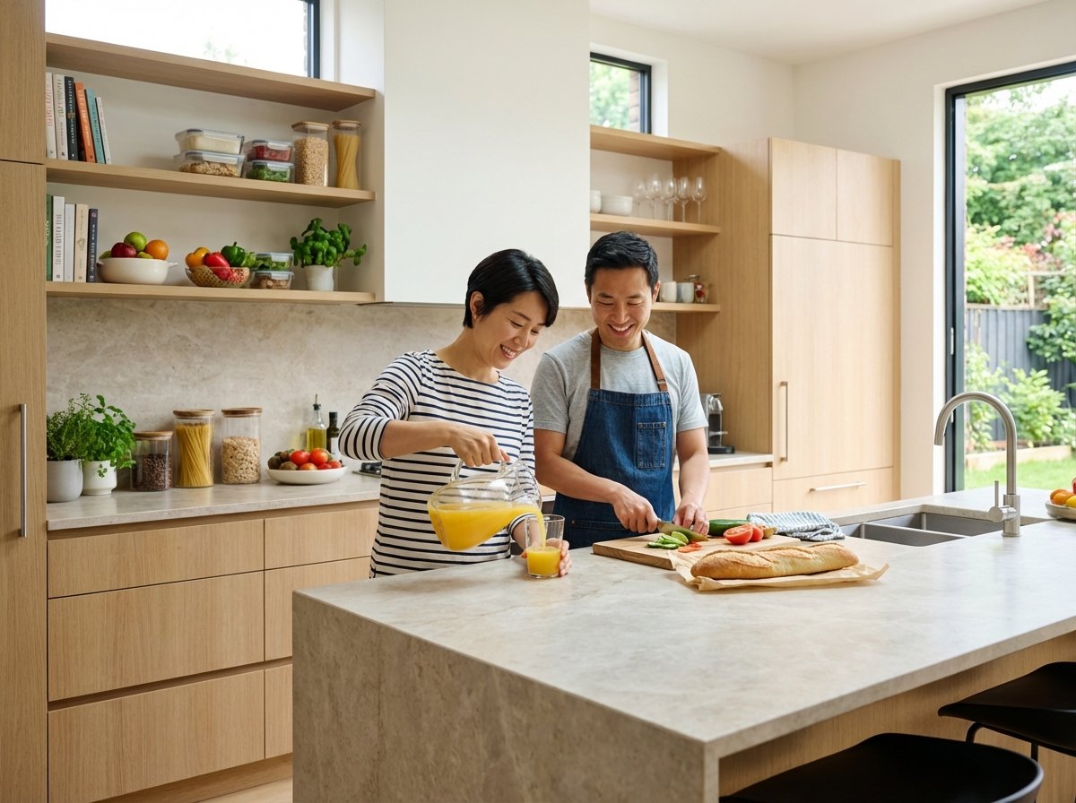 A Korean couple collaborating in a modern kitchen, one preparing a sandwich while the other pours juice, organized and harmonious scene, bright and airy lighting, realistic style, 4:3