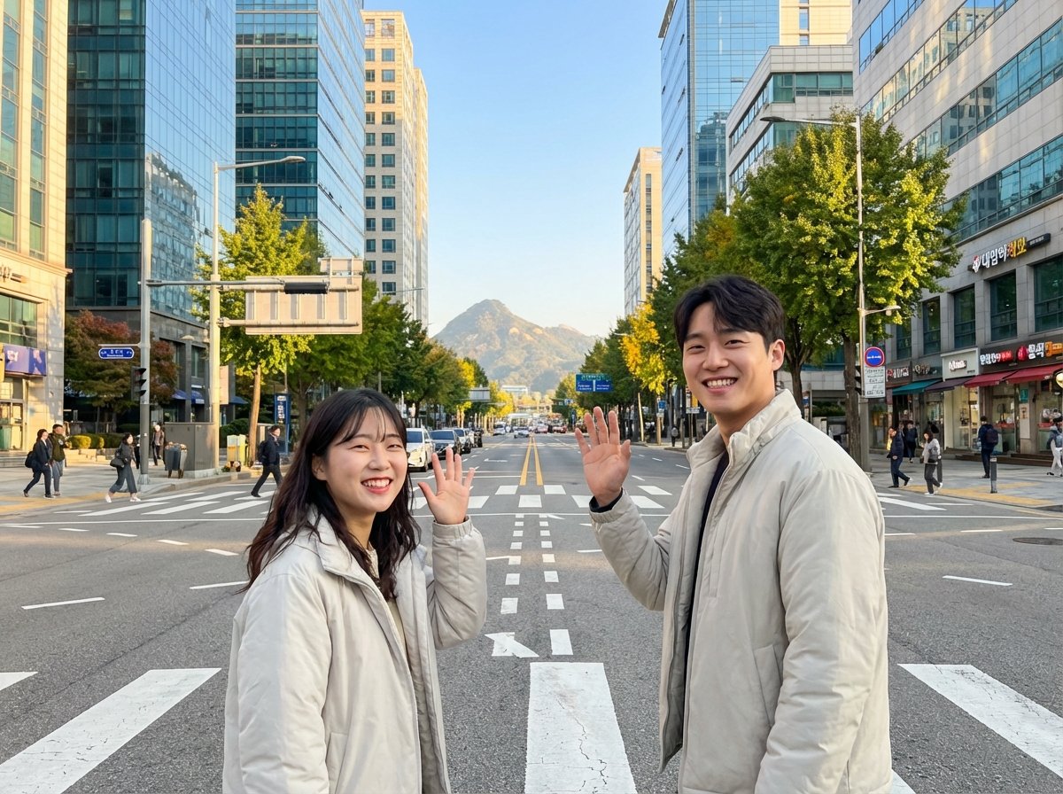 A Korean couple smiling and waving at each other with supportive expressions, bright morning sunlight, urban background, optimistic and energetic mood, high resolution, 4:3