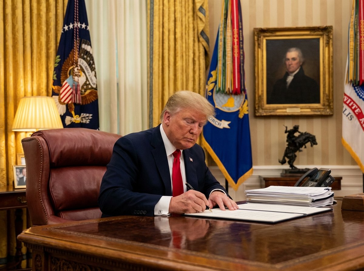 U.S. President Donald Trump at a formal desk in the White House, signing an executive order with a serious expression, warm indoor lighting, professional photography style, 4:3 aspect ratio, no text.