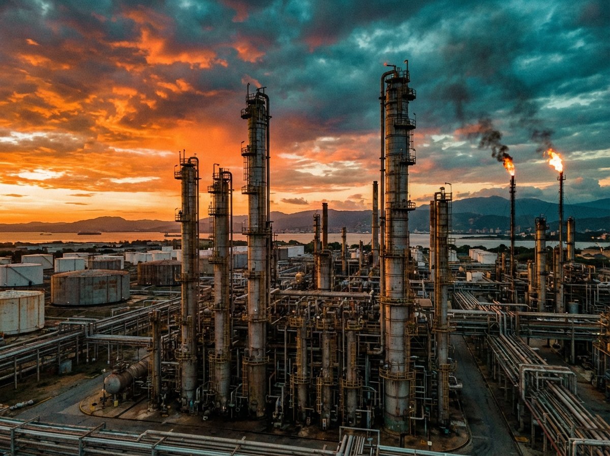 A vast industrial oil refinery in Venezuela at sunset, orange and teal sky, dramatic lighting, highly detailed industrial architecture, cinematic wide shot, 4:3 aspect ratio, no text.