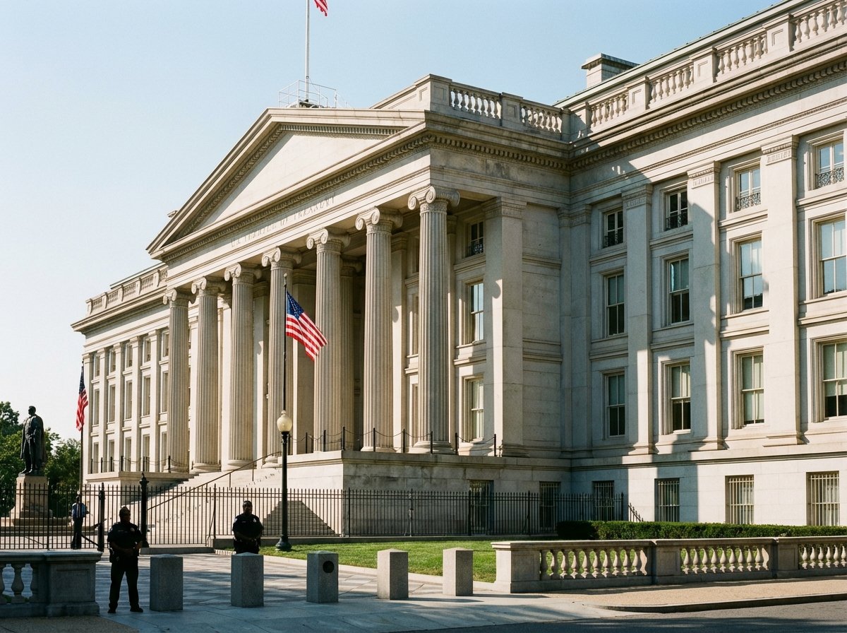 The US Treasury building exterior during daytime, clean and professional architectural photography, high contrast, feeling of security and authority, 4:3 aspect ratio, no text.