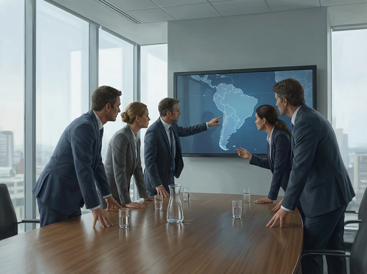 Oil and gas executives in a modern boardroom looking at a map of South America, professional and corporate atmosphere, soft daylight from windows, realistic digital art, 4:3 aspect ratio, no text.