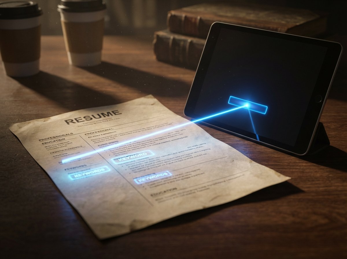 Close-up of a paper resume on a desk being scanned by a futuristic blue laser light from a tablet device, highlighting specific keywords and skills. Cinematic lighting, realistic texture, 4:3 aspect ratio, no text.