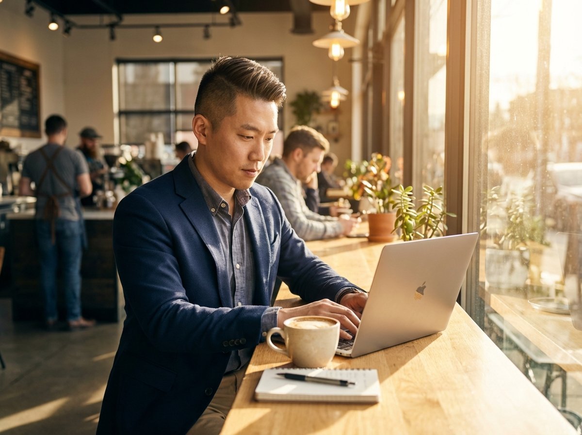 A professional Korean man sitting in a sunlit modern cafe, focused and looking at his high-end laptop, a cup of coffee next to him, lifestyle photography, warm and natural atmosphere, 4:3 aspect ratio, no text.