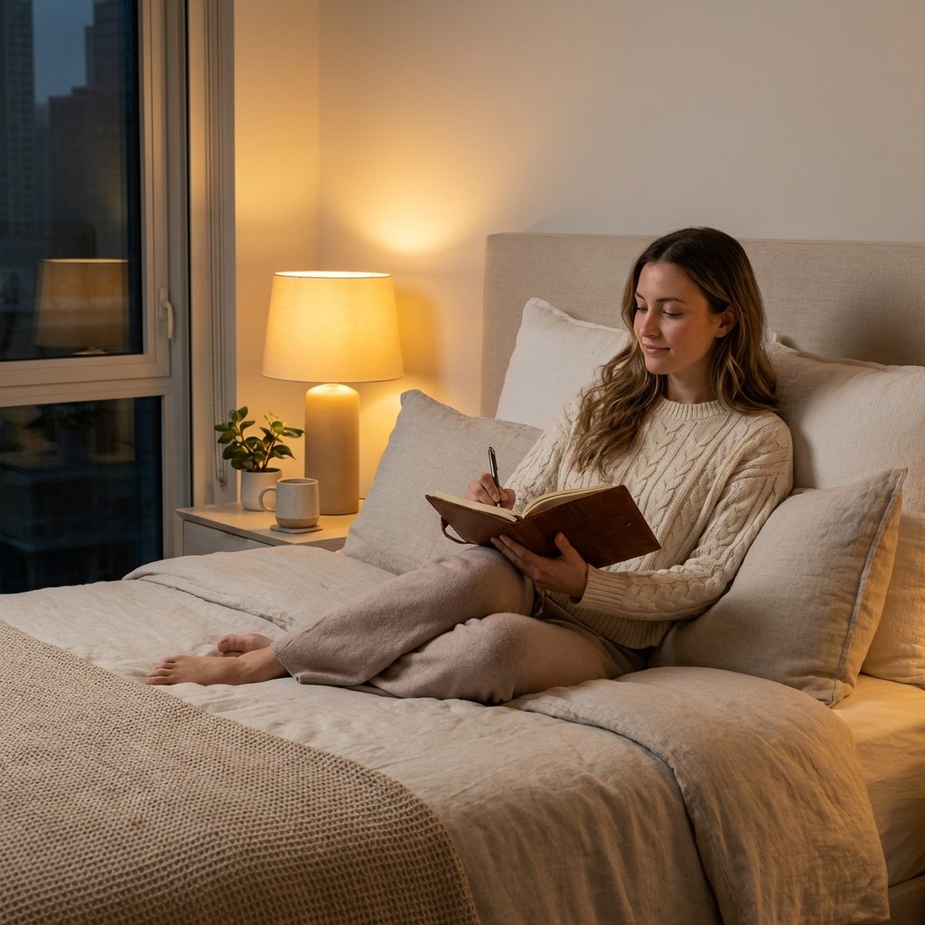 A professional woman sitting on a cozy bed at night, writing in a journal, soft warm bedside lighting, peaceful and reflective atmosphere, modern bedroom interior, high quality lifestyle photography, 1:1