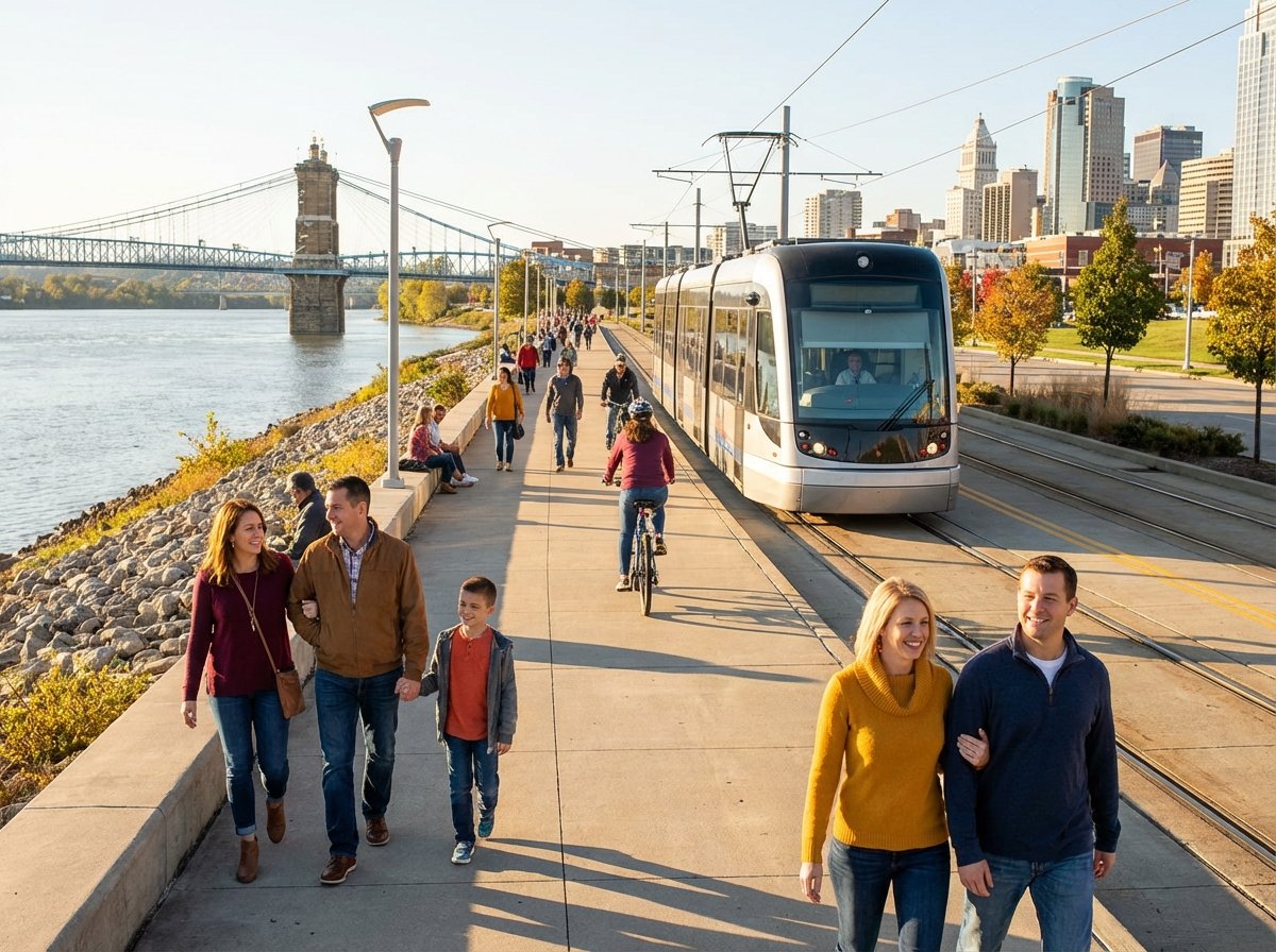 A peaceful walking path along the Cincinnati riverfront with a modern streetcar nearby and people walking under the bright sunlight, lifestyle photography, warm lighting, 4:3, no text