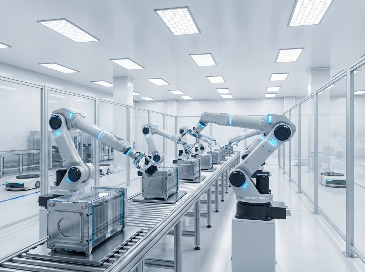 Advanced robotic assembly line manufacturing high-tech fuel cell components, bright lighting, industrial automation, clean facility, 4:3 aspect ratio, no text.