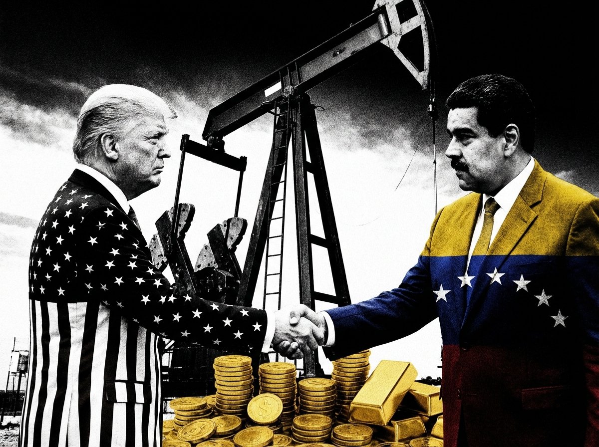 A conceptual high-contrast image showing a handshake between two figures representing USA and Venezuela business interests, with an oil derrick and gold coins in the background, 4:3 aspect ratio, no text.