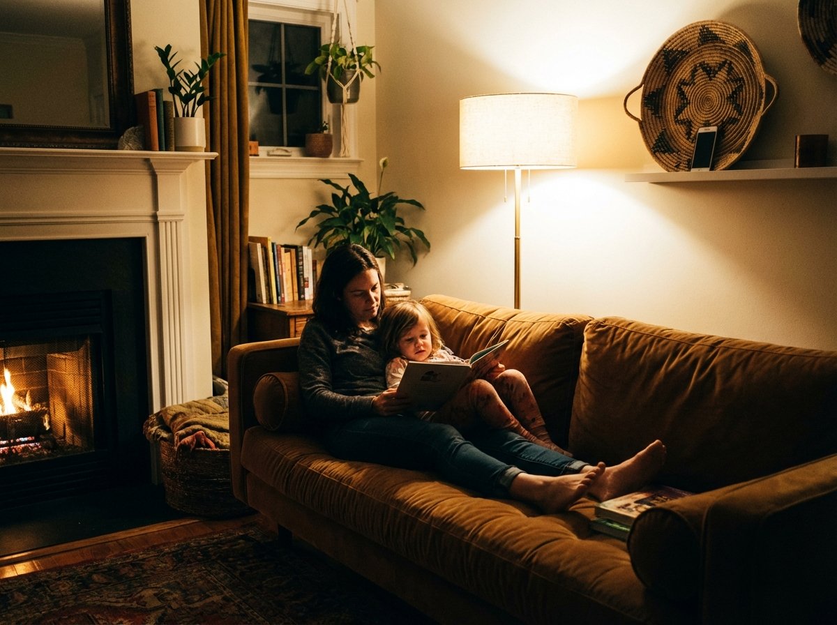 A cozy living room where a parent and child are reading books together on a couch, a smartphone is visible but placed far away in a decorative basket, warm lighting, high contrast, 4:3, no text