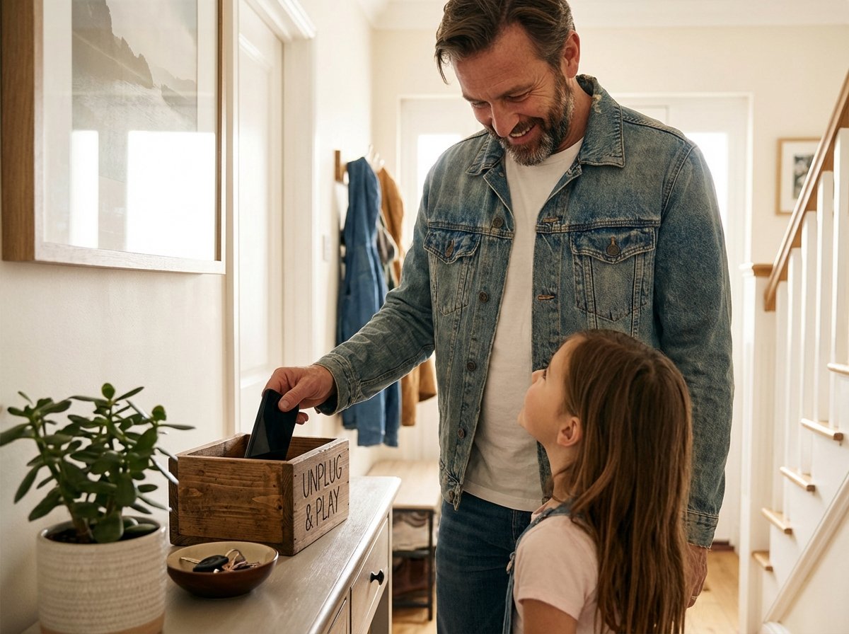 A father putting his smartphone into a wooden box at the entrance of a house, looking at his daughter with a smile, realistic lifestyle photography, 4:3, no text