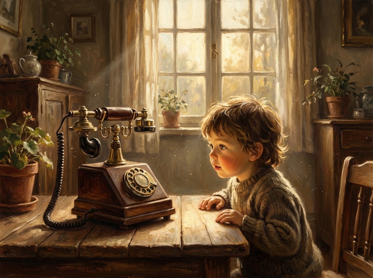 An old fashioned landline telephone on a wooden table, a child curiously looking at it, sunlight streaming through a window, artistic rendering, 4:3, no text