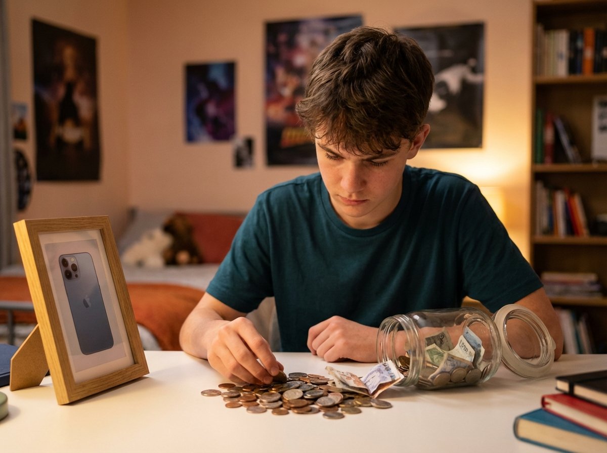 A teenager counting coins and banknotes from a jar next to a picture of a smartphone, determined expression, blurred bedroom background, high quality, 4:3, no text