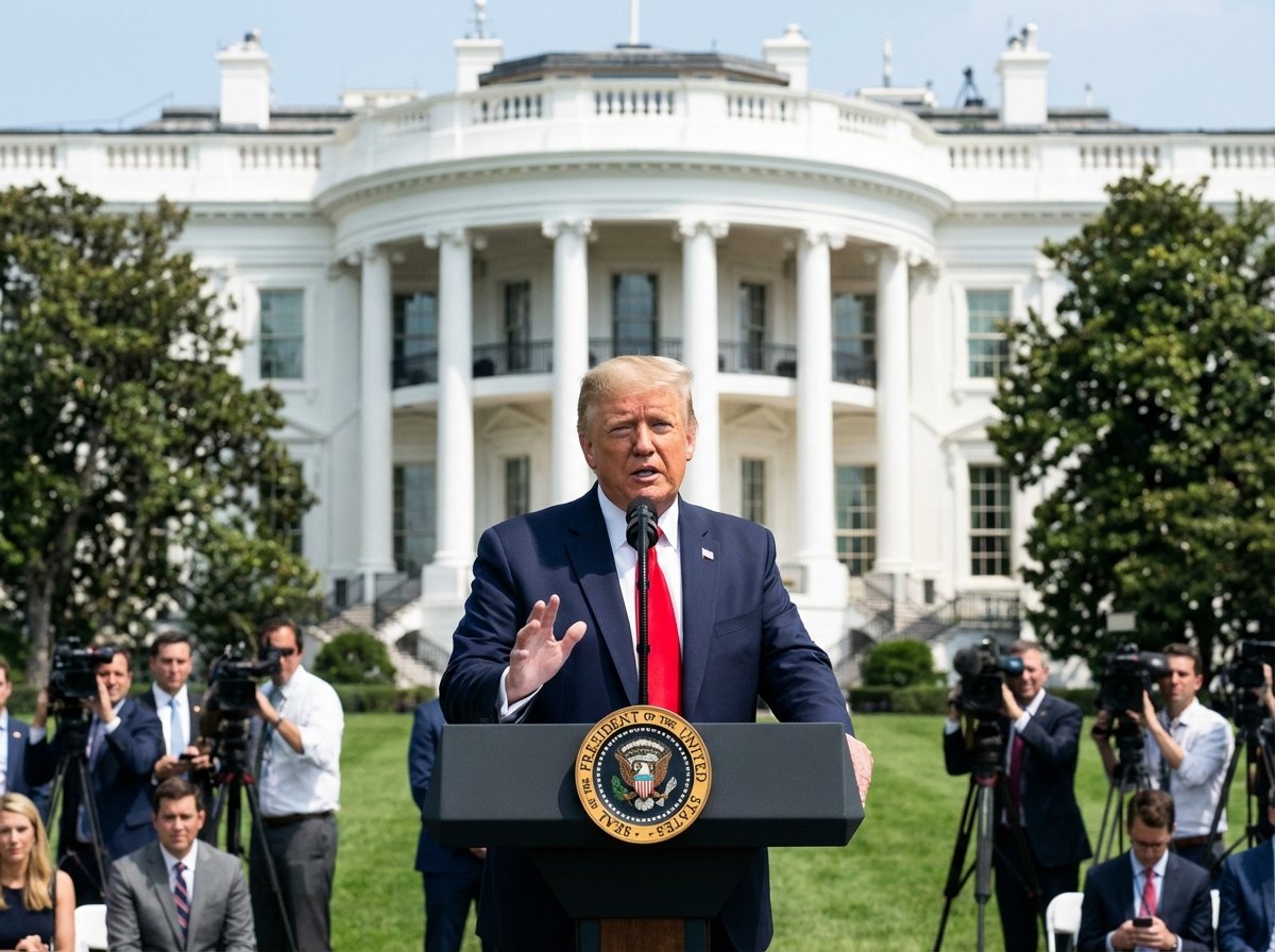 President Donald Trump speaking seriously at a podium on the White House lawn, professional news photography style, bright daylight, cinematic composition, 4:3, no text