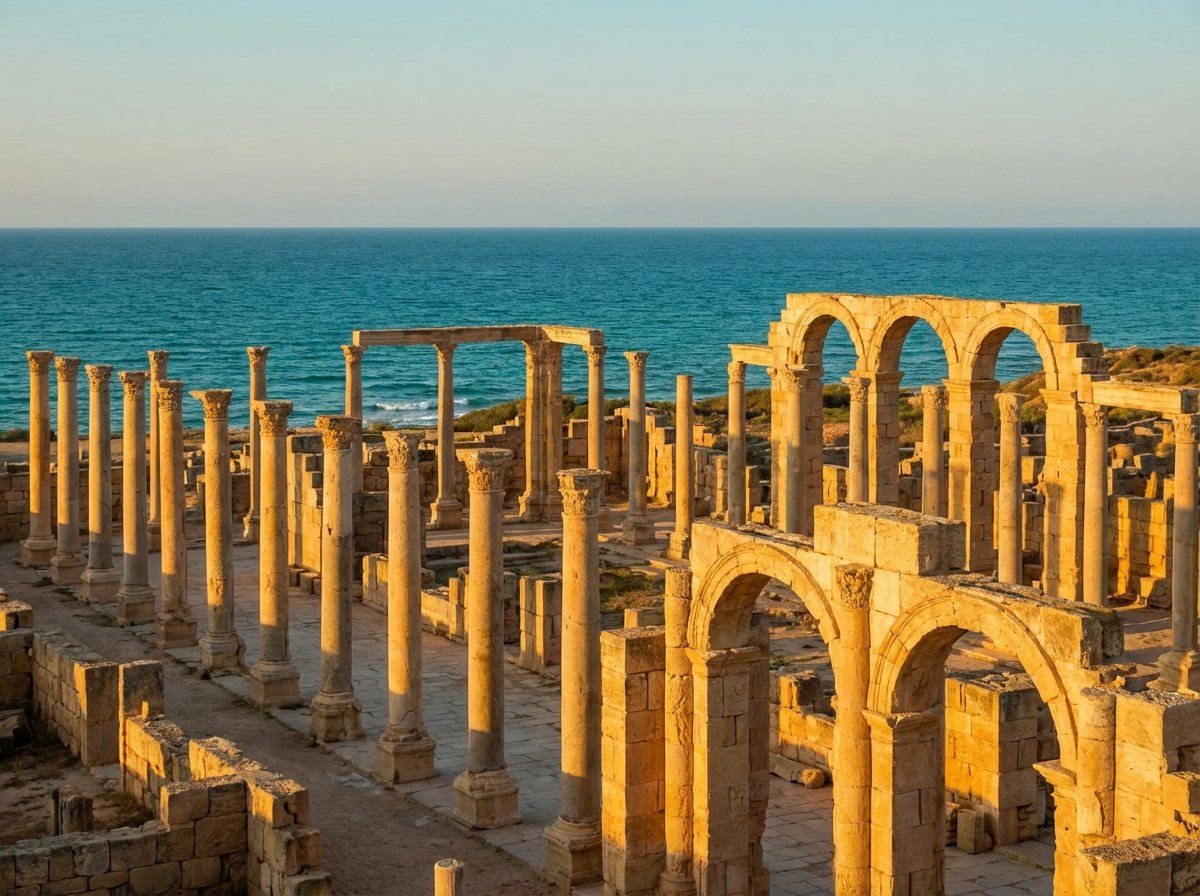 A panoramic view of the Archaeological Site of Leptis Magna in Libya, featuring grand Roman columns and ruins made of golden limestone against the turquoise Mediterranean Sea background, cinematic lighting, 4:3 aspect ratio, no text.