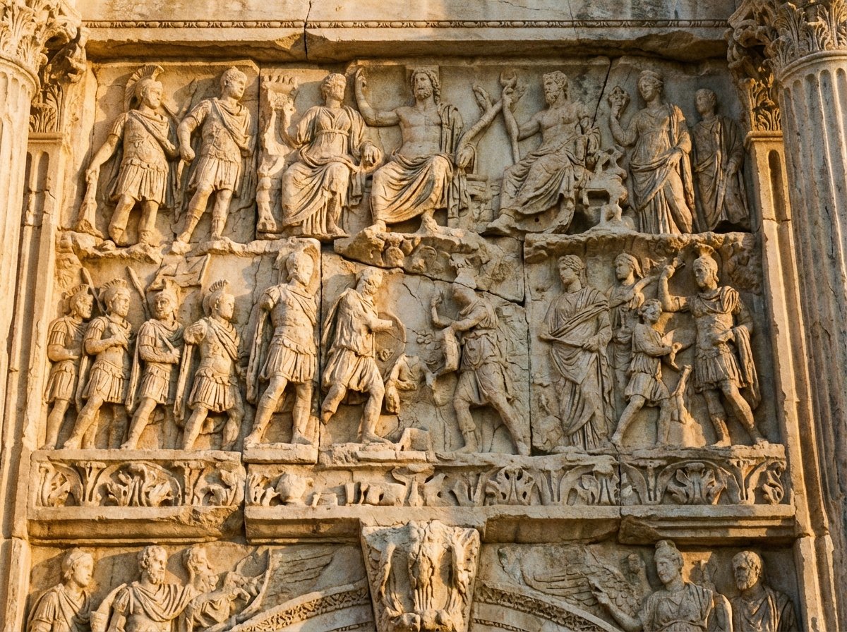 Close-up shot of the Arch of Septimius Severus in Leptis Magna, showing intricate marble carvings of Roman soldiers and deities, warm sunset lighting hitting the stone, historical texture, 4:3 aspect ratio, no text.