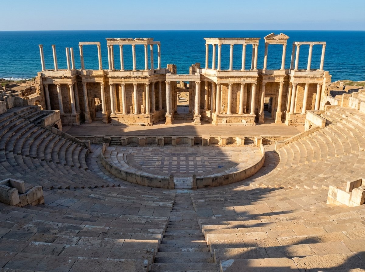 A high-angle view of the ancient Roman theater in Leptis Magna overlooking the blue Mediterranean Sea, stone seating rows, grand stage columns, bright daylight, realistic architectural photography style, 4:3 aspect ratio, no text.