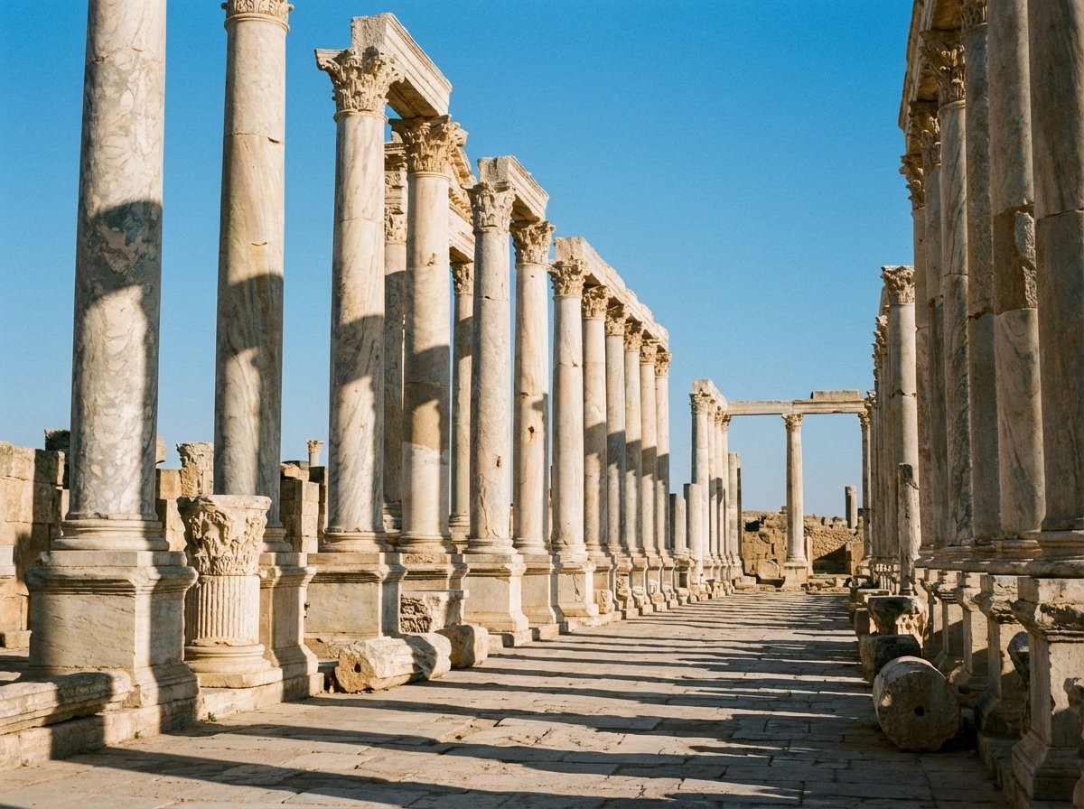 Ground level view of the Severan Forum in Leptis Magna, showing rows of towering marble columns with Corinthian capitals, clear blue sky, shadows stretching across the stone floor, 4:3 aspect ratio, no text.