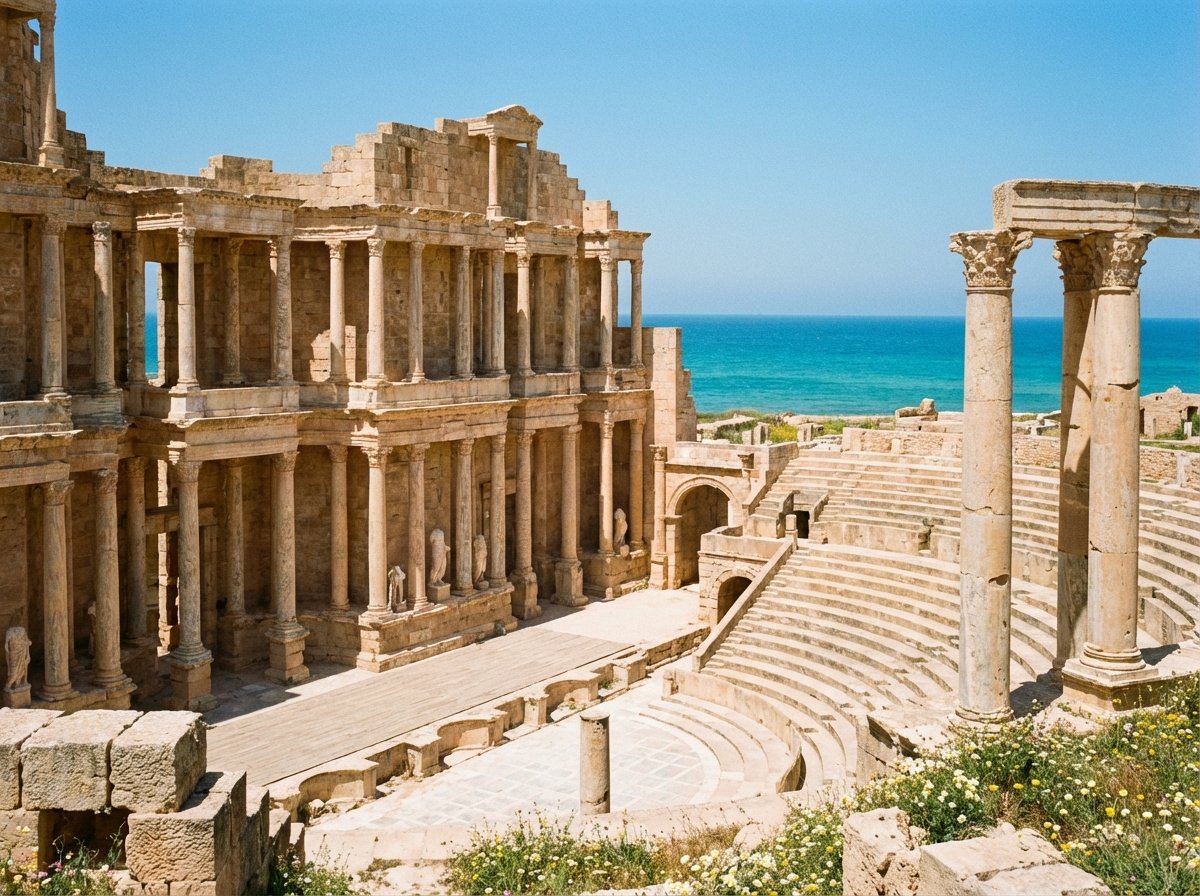 Majestic Roman theater in Sabratha Libya, overlooking the Mediterranean Sea, sunny day, archaeological site, historical architecture, no text, aspect ratio 4:3