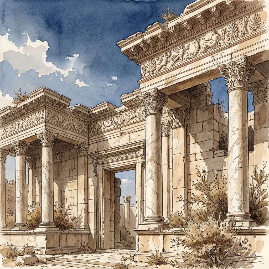 Detailed marble carvings and Corinthian columns of Sabratha ruins, blue sky background, historical atmosphere, artistic rendering, no text, aspect ratio 1:1