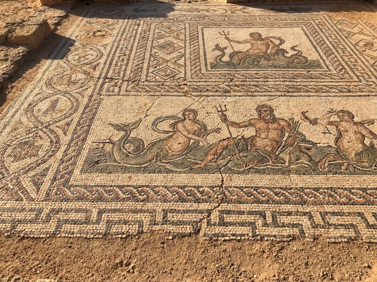 Ancient Roman mosaic floor with intricate patterns and mythological motifs, archaeological site of Sabratha, close-up shot, detailed texture, no text, aspect ratio 4:3