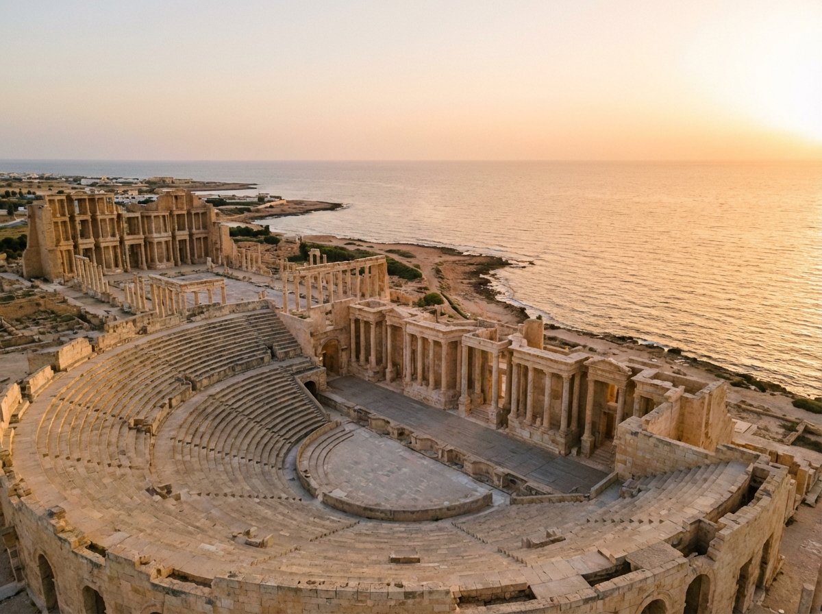 Panoramic view of the archaeological site of Sabratha at sunset, ancient ruins meeting the Mediterranean coast, soft golden lighting, no text, aspect ratio 4:3