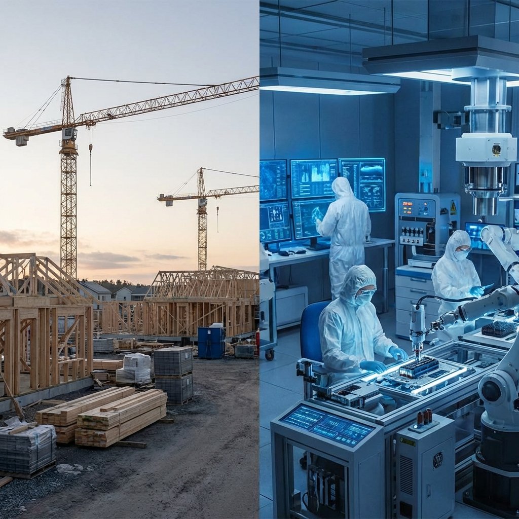 A split composition showing a quiet residential construction site with still cranes on the left and a high-tech laboratory with glowing blue screens and robotic components on the right, 1:1, no text