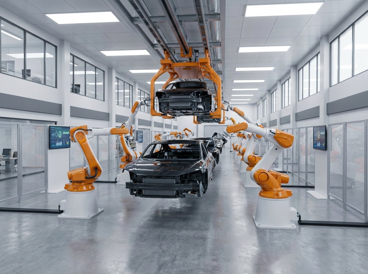 A modern bright electric vehicle assembly line with advanced robotic arms precisely installing components in a clean futuristic factory environment, 4:3, no text