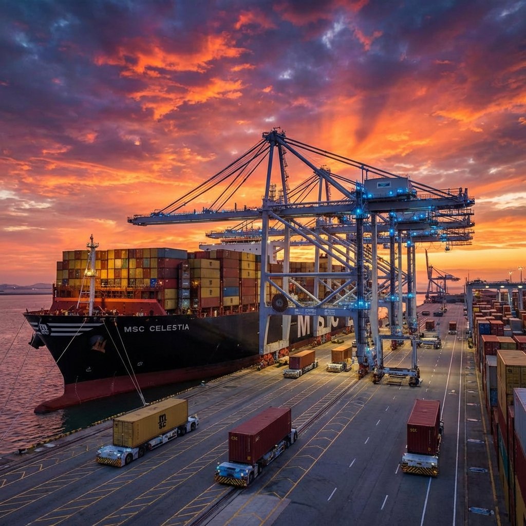 A massive cargo ship being loaded at a highly automated modern port with giant cranes under a dramatic sunset sky, wide angle view, 1:1, no text