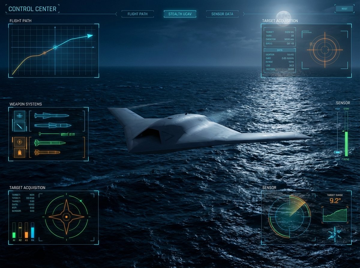 A sleek military drone flying over a dark ocean at night with a futuristic control center interface overlay, high contrast, modern layout, 4:3