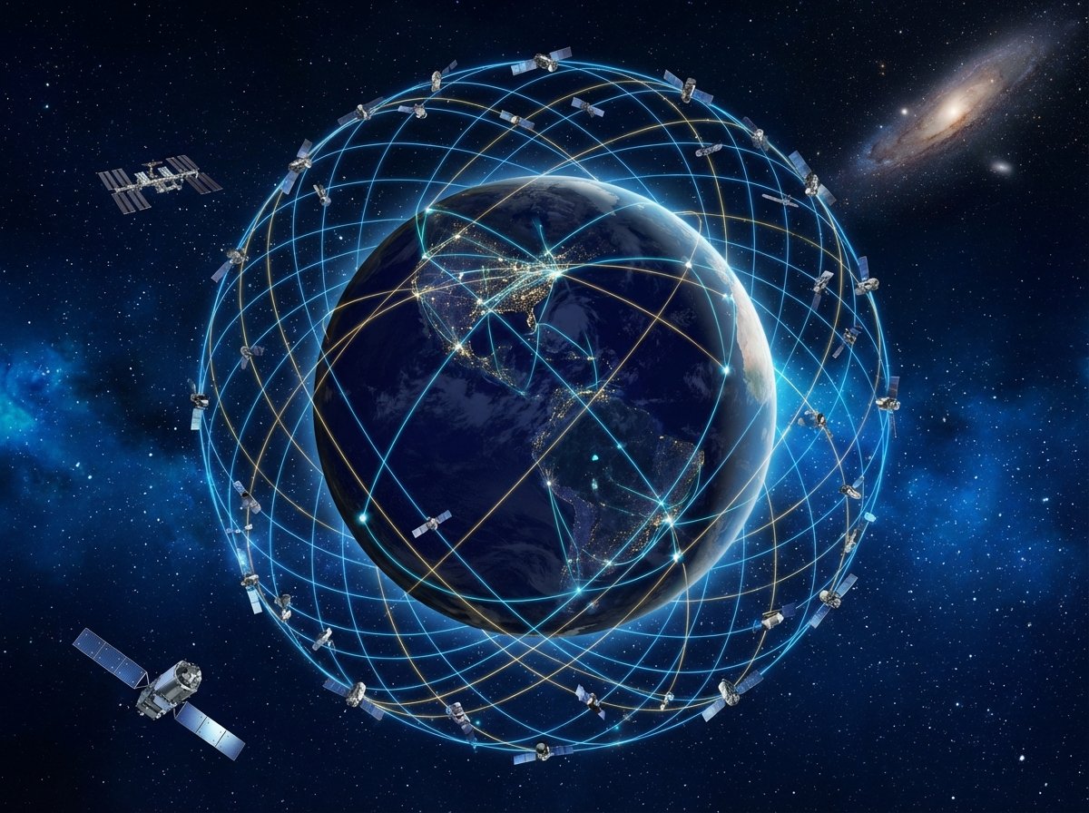A realistic depiction of satellite internet network surrounding the earth with glowing signal lines connecting different regions, deep blue space background, 4:3