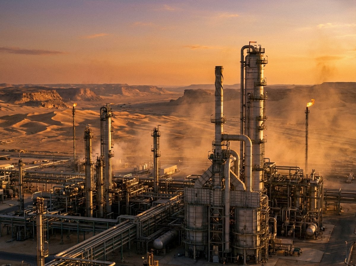 A large oil refinery facility in the Middle East at sunset with golden lighting and a vast desert background, cinematic photography, 4:3
