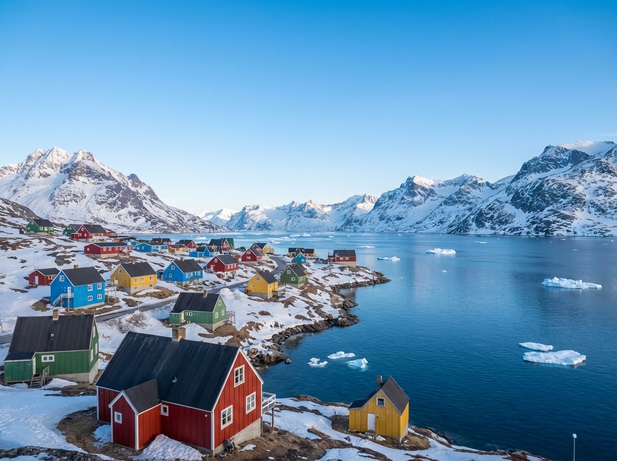 A peaceful coastal village in Greenland with colorful houses surrounded by vast snow-covered mountains and Arctic ocean, crystal clear atmosphere, high resolution landscape photography, 4:3 aspect ratio, no text.