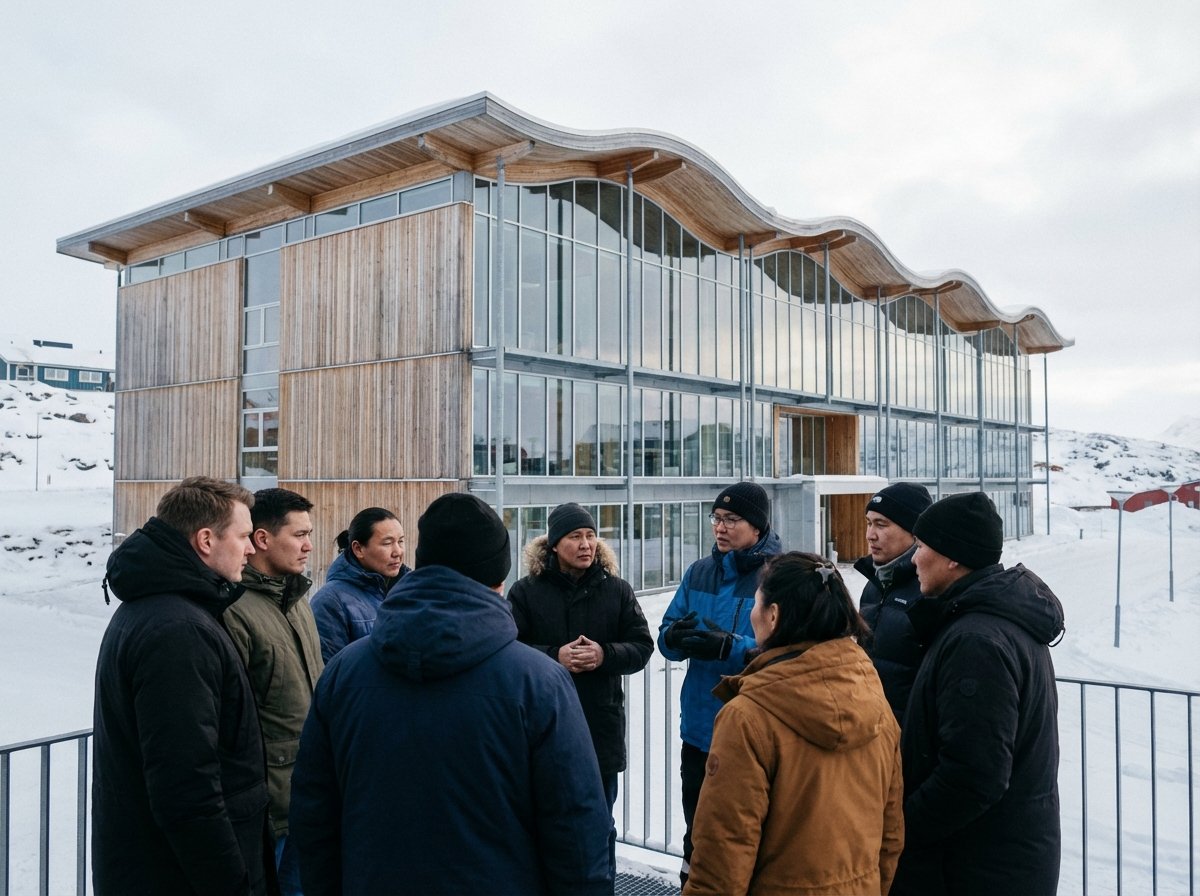 Modern Greenlandic parliament building in Nuuk with a group of diverse local people engaged in a serious discussion outdoors, Arctic modern architecture, soft daylight, professional photography style, 4:3 aspect ratio, no text.