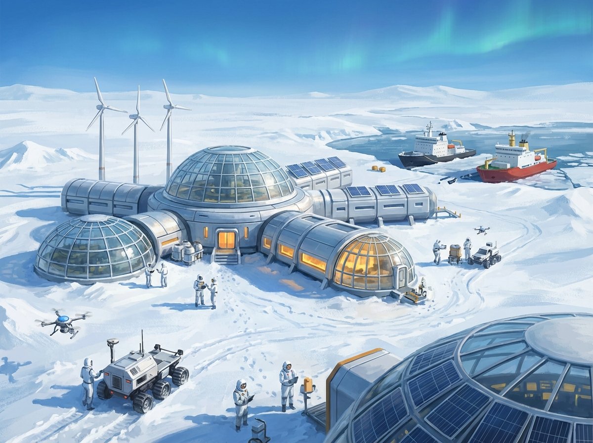 A futuristic scientific research station in the middle of a vast Arctic snowfield under a clear blue sky, sleek modern design, hopeful and professional atmosphere, detailed digital painting, 4:3 aspect ratio, no text.
