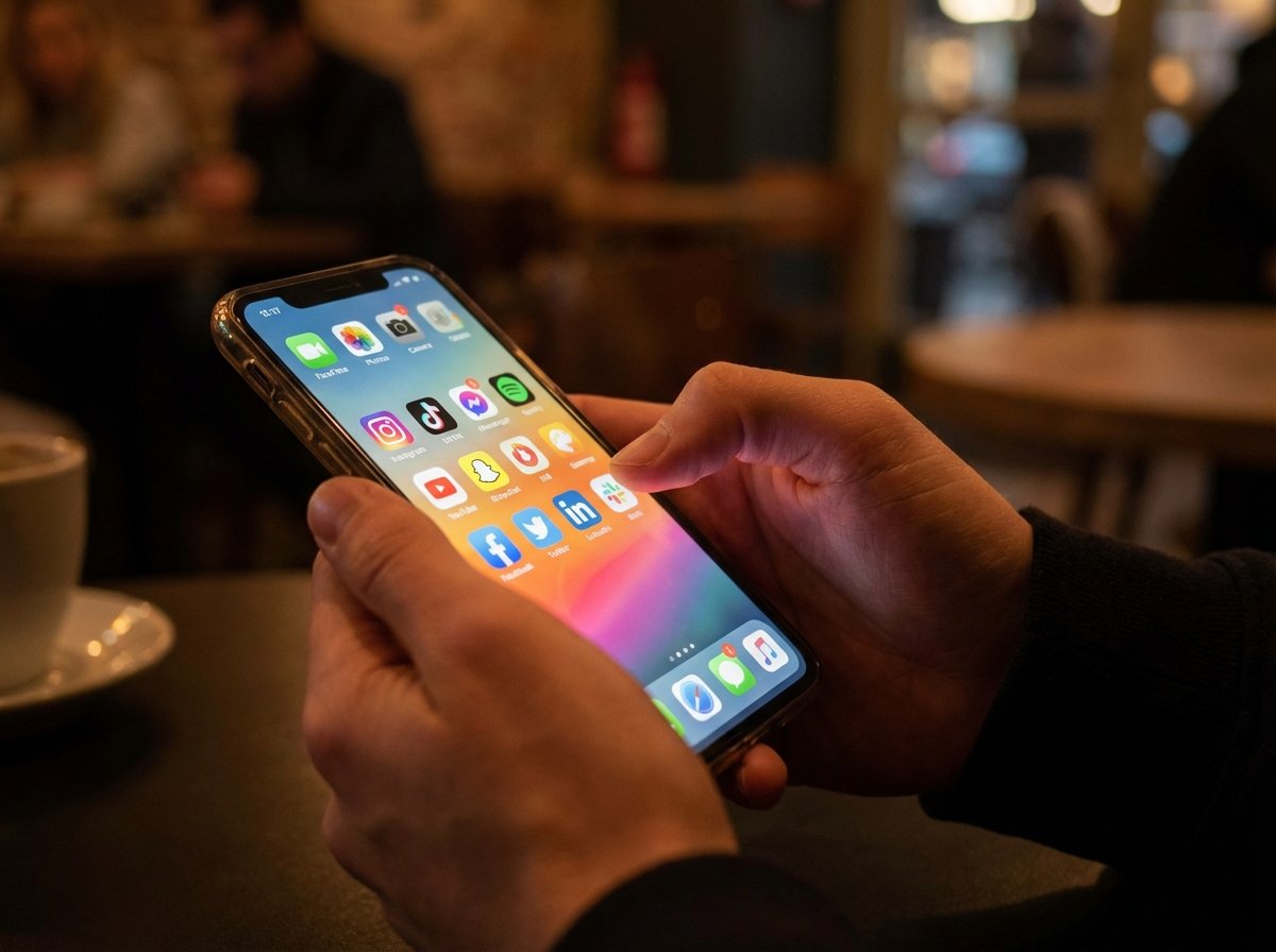 Close up of hands using a smartphone switching between various social media app icons, colorful interface, vibrant lighting, realistic photography, 4:3