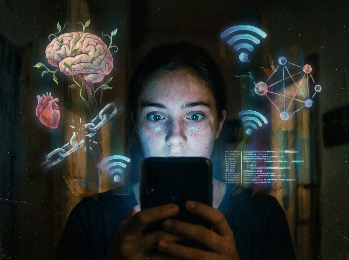 Conceptual image of a glowing smartphone screen reflecting in a young persons eyes in a dark room, symbols of mental health and connectivity floating around, artistic and textured, 4:3