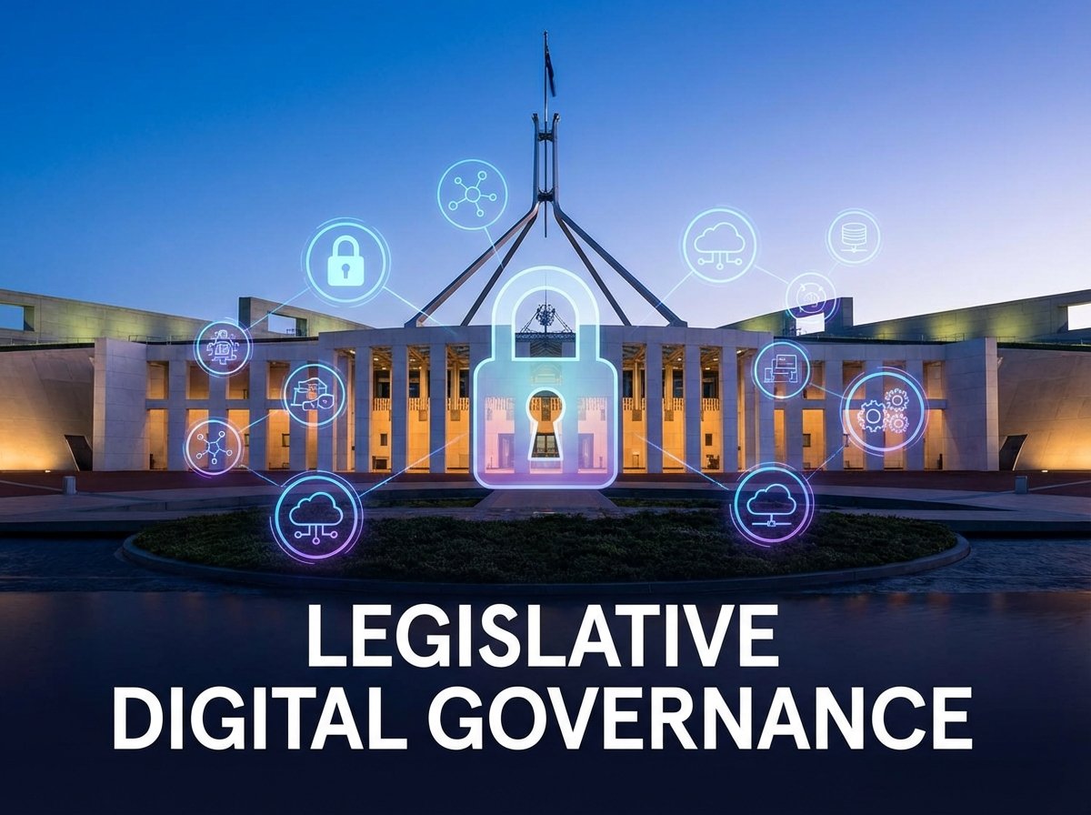 Australian Parliament House with digital icons and a lock symbol superimposed, represent legislative control over technology, professional and high contrast layout, 4:3