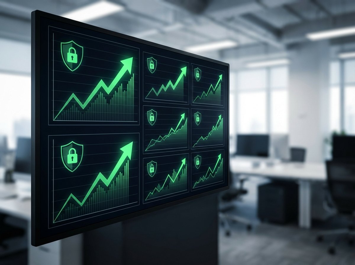 A professional digital dashboard showing financial stock charts for Akamai Technologies, with upward green arrows and cybersecurity icons, modern office background, high contrast, 4:3 aspect ratio, no text