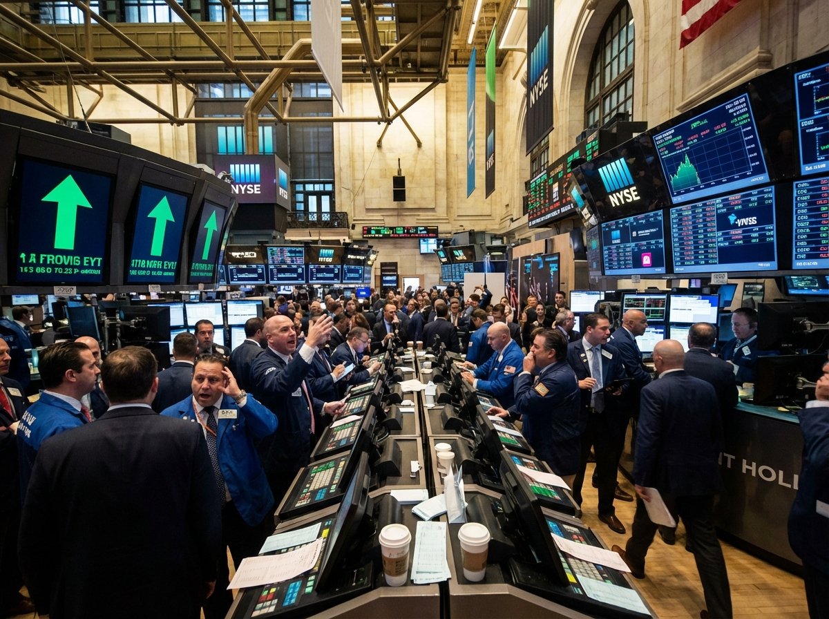 A busy floor of the New York Stock Exchange with traders working on their terminals, large digital displays showing stock tickers and green upward arrows, high-energy financial atmosphere, realistic photography style, 4:3 aspect ratio, no text.