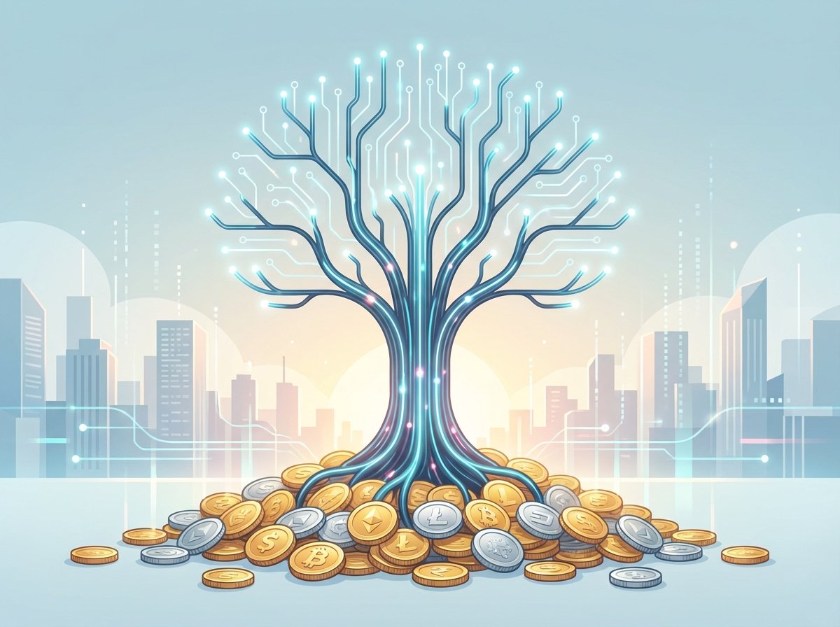 A digital illustration of a growing tree made of fiber optic cables and light, standing on a pile of coins, representing financial growth in the tech sector, clean layout, 4:3 aspect ratio, no text