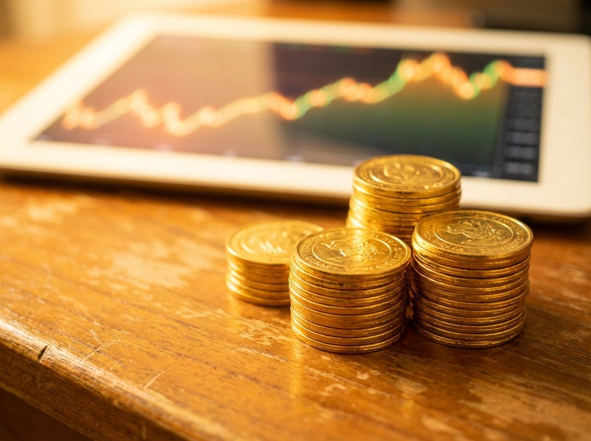 Close-up of shiny gold coins stacked on a wooden desk, a blurred digital screen in the background showing a line graph with an upward trend, symbolic of interest rates and investment, warm lighting, 4:3 aspect ratio, no text.