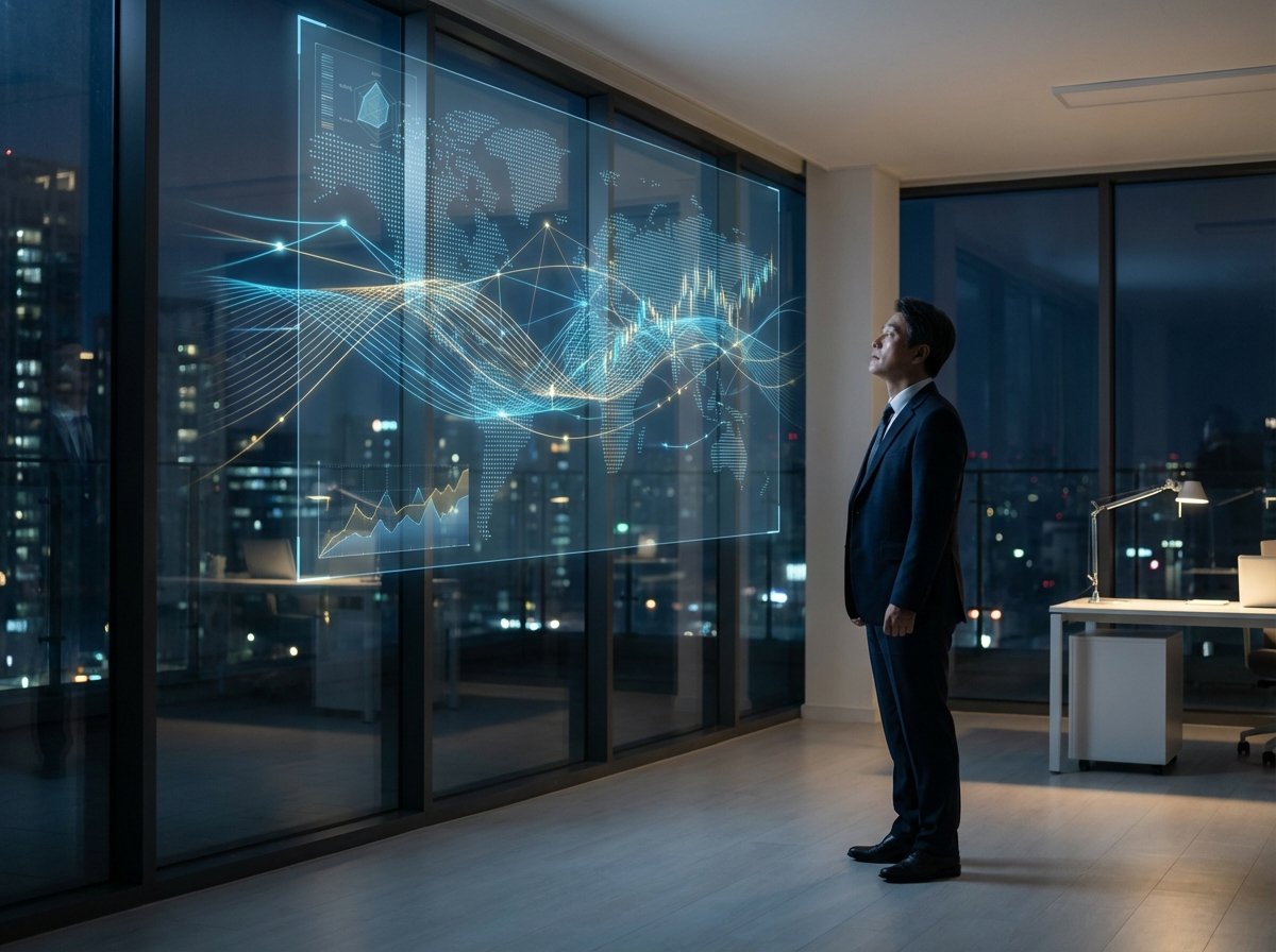 A Korean businessman looking at a large holographic display of global network traffic and stock data, modern office with a city view at night, natural lighting, 4:3 aspect ratio, no text