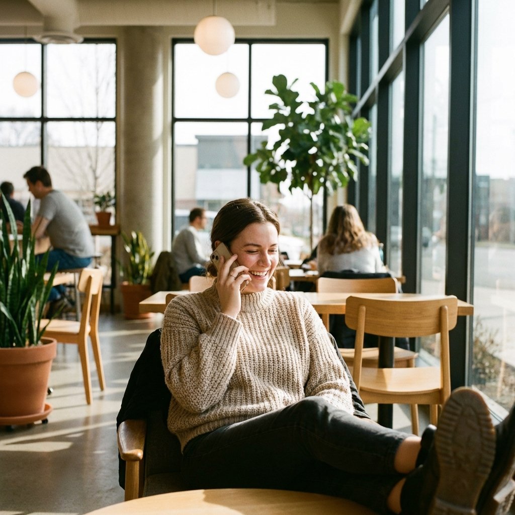 A person looking relaxed and talking naturally to their smartphone while sitting in a bright modern cafe, candid photography style, warm lighting, 1:1 aspect ratio, no text